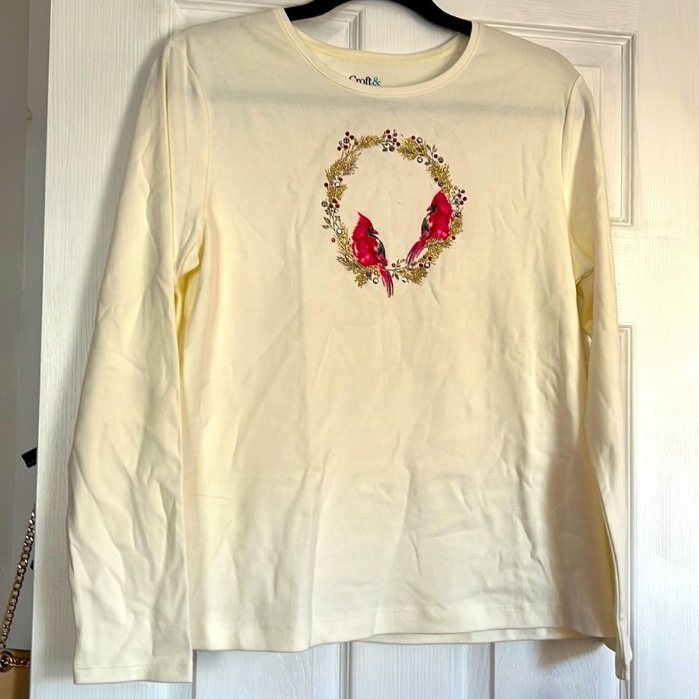 Croft & Barrow Cardinals Holiday Top Blouse Womens Ivory Long Sleeves Large NWOT